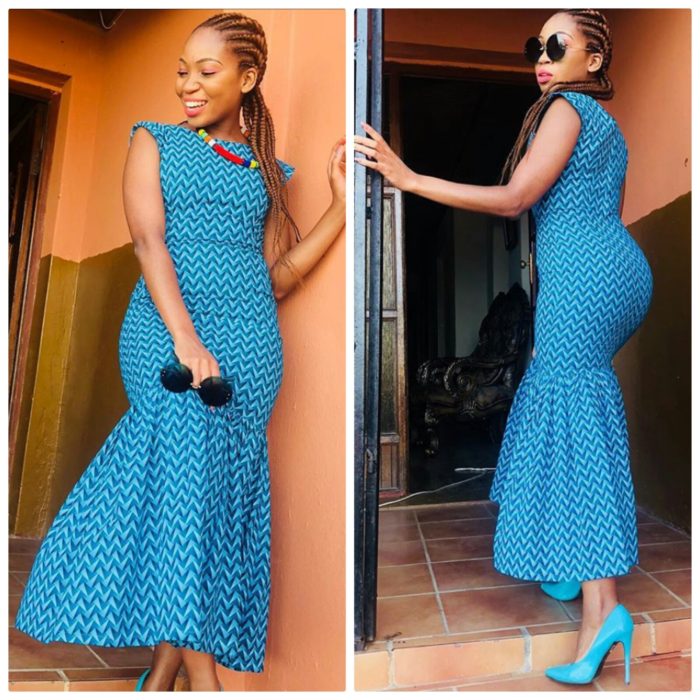 Beautiful Blue Sleeveless Shweshwe Peplum Dress - African 4