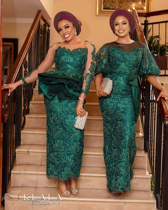 Stylish Traditional Green Asoebi Dresses With Gele - African 4