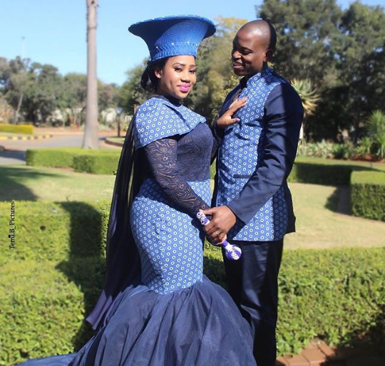 Blue Shweshwe Print Traditional Outfit for Couple - African 4