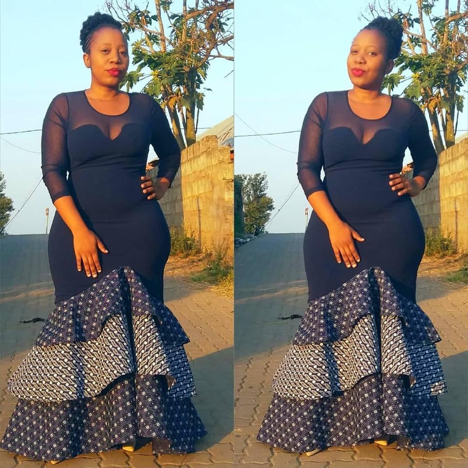 Stylish Long Shweshwe and African Print dress - African 4